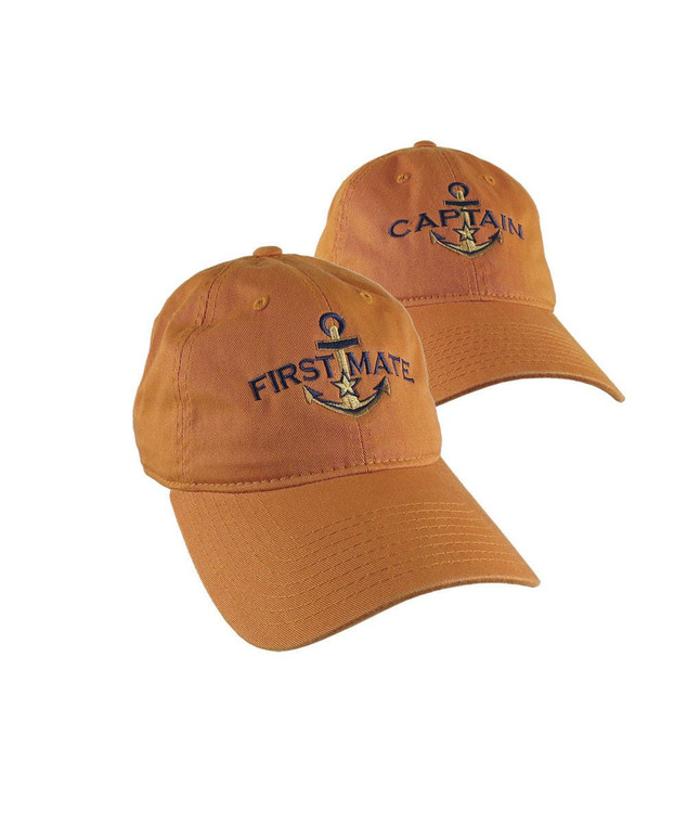 Nautical Star Golden Anchor Captain + First Mate Embroidery 2 Adjustable Burnt Orange Unstructured Baseball Caps Options to Personalize Hats