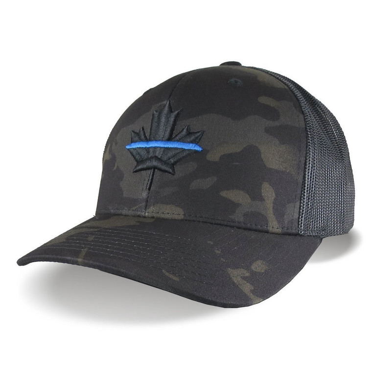 Blue Line 3D Puff Black Maple Leaf Raised Embroidery on an Adjustable Black Multicam Structured Premium Mid-Profile Yupoong Trucker Mesh Cap