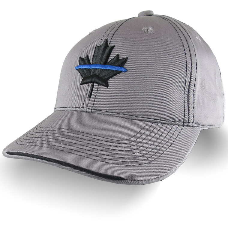 Canadian Maple Leaf Thin Blue Line Canada Police 3D Puff Embroidery on Adjustable Silver Grey Structured Adjustable Baseball Cap and Options