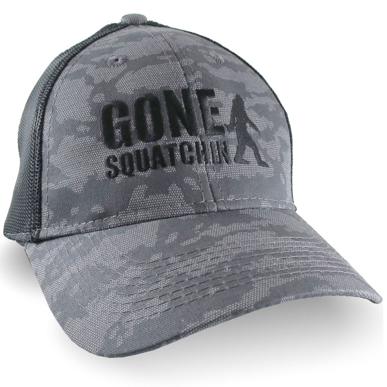 Gone Squatchin Humorous Sasquatch Bigfoot Silhouette Black Embroidery on an Adjustable Urban Camo Structured Trucker Cap