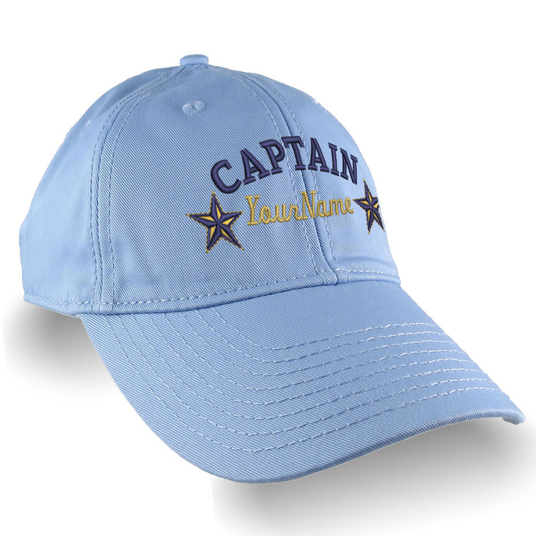 Personalized Captain Stars Your Name Embroidery on Adjustable Baby Blue Unstructured Mid Profile Cap with Option to Personalize the Back