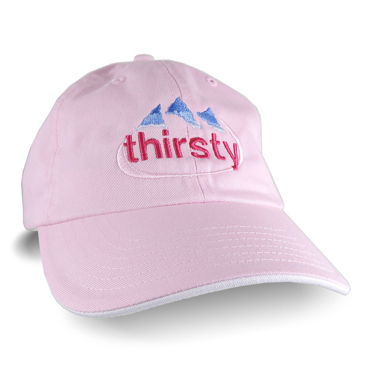 A Thirsty Parody Humorous Embroidery Design on an Adjustable Light Pink and White Unstructured Baseball Cap Dad Hat Style