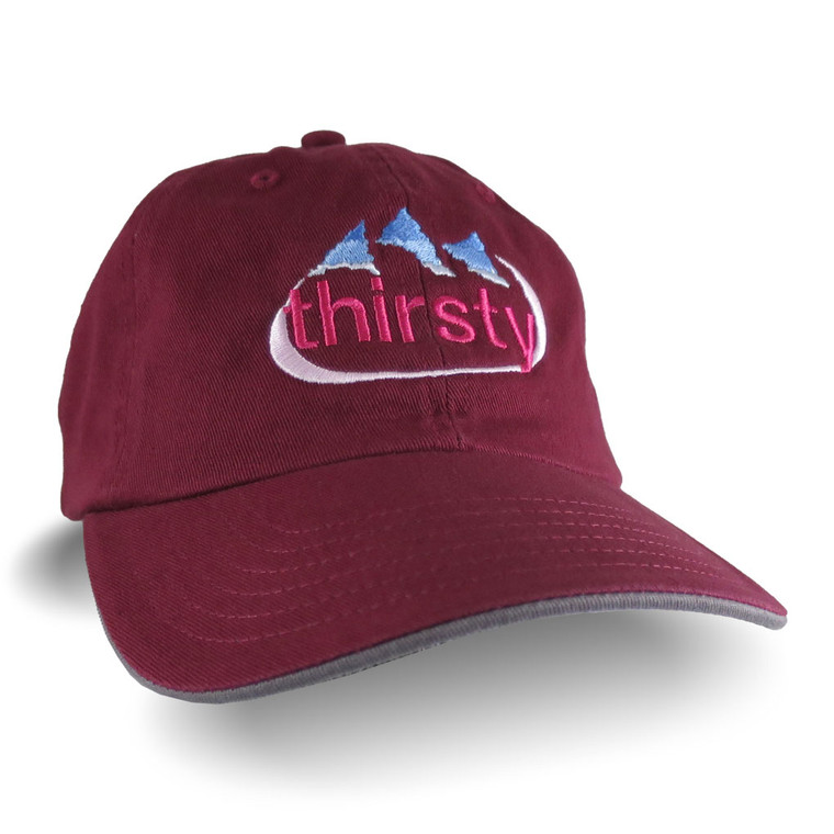 A Thirsty Parody Humorous Embroidery Design on an Adjustable Maroon and Graphite Unstructured Baseball Cap Dad Hat Style