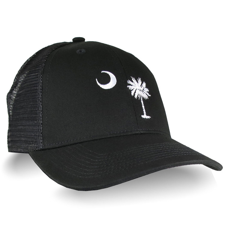 South Carolina State Flag Embroidery on an Adjustable Black Structured Classic Trucker Mesh Cap