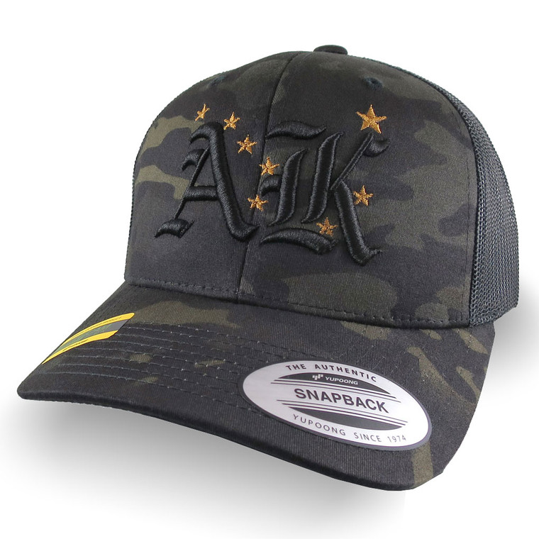 3D Puff Black AK Raised Embroidery and Alaska State Flag Adjustable Black Multicam Structured Premium Mid-Profile Yupoong Trucker Mesh Cap