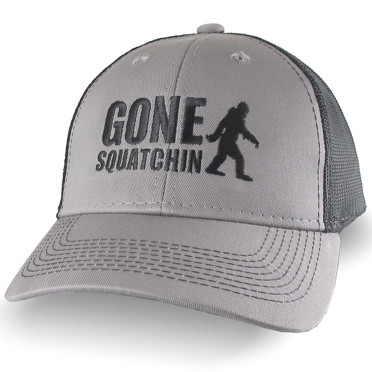 Gone Squatchin Humorous Sasquatch Bigfoot Silhouette Black Embroidery on an Adjustable Grey and Black Truckers Style Ball Cap