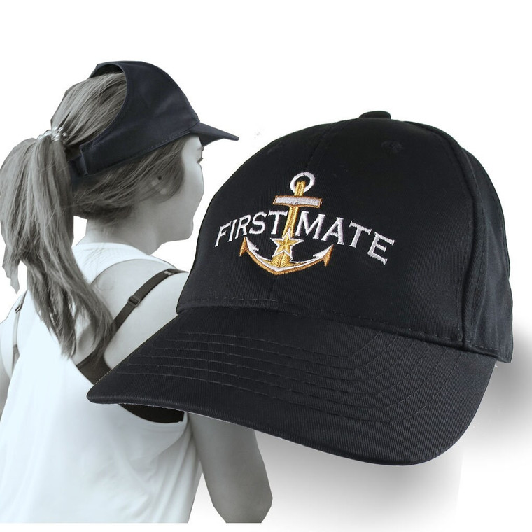 First Mate Nautical Boating Blue Star Anchor Embroidery on an Adjustable Black Structured Ponytail Hairdo Women Open Fashion Baseball Cap