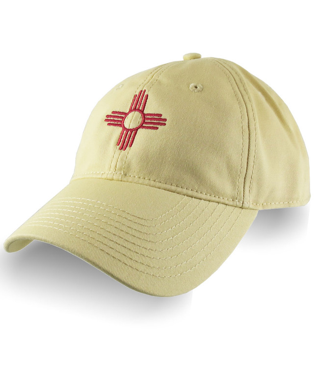 New Mexico State Flag Symbol Red Embroidery Design on an Adjustable Retro Yellow Unstructured Classic Baseball Cap Dad Hat