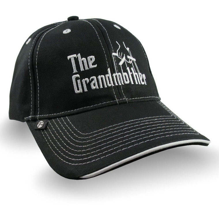 The Grandmother Godfather Style Parody White Embroidery on an Adjustable Fashion Structured Black Baseball Cap and Contrasting White Details