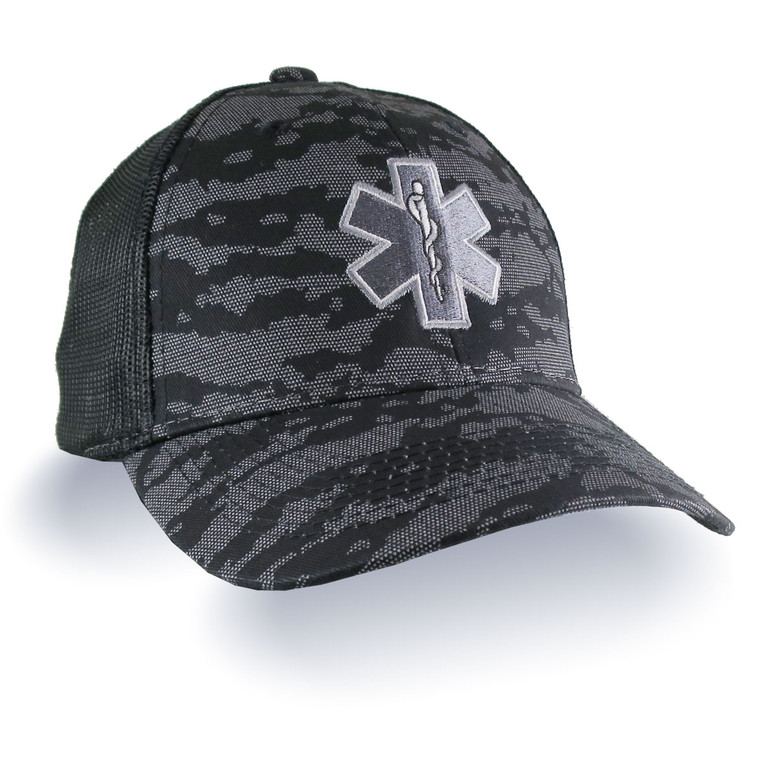 Paramedic EMT EMS Star of Life Embroidery on an Adjustable Black Charcoal Urban Camo and Black Structured Premium Trucker Cap