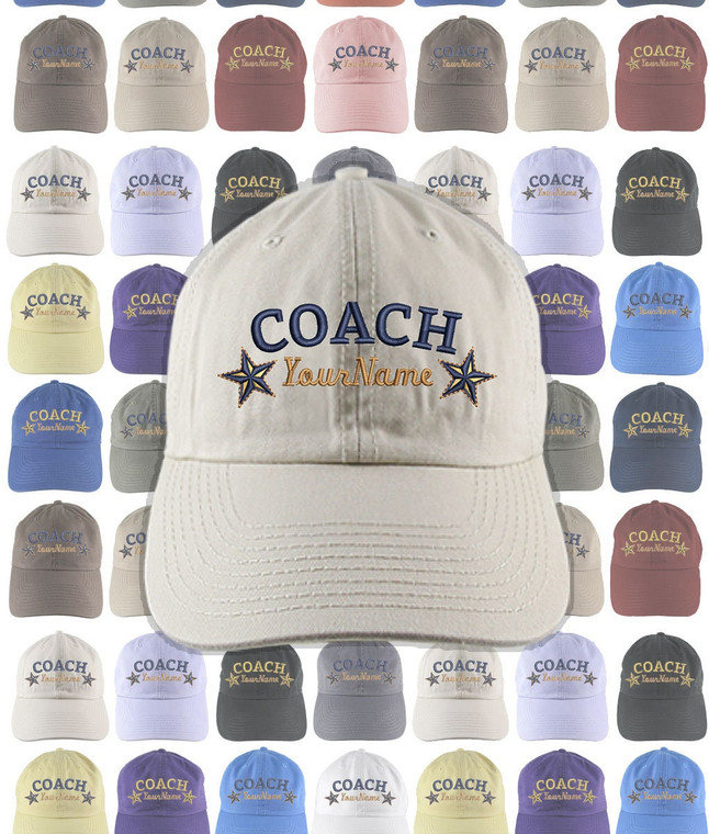 Custom Personalized Coach Name Stars Embroidery on Your Selection of Adjustable Unstructured Baseball Cap Dad Hat + Option Back Embroidery