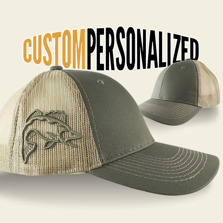Custom Personalized Walleye 3D Puff Embroidery on an Adjustable Full Fit Olive Green Trucker Cap and Your Choice of Front Decors Fishing Hat