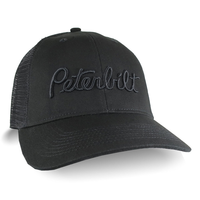 Peterbilt Truck Transport Black 3D Puff Raised Embroidery on an Adjustable Black Structured Classic Trucker Mesh Cap