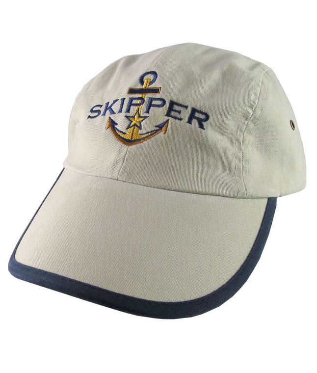 Nautical Star Anchor Skipper Embroidery Polo Style 5 Panel Adjustable Stone Beige and Navy Blue Unstructured Cap for the Boating Enthusiast