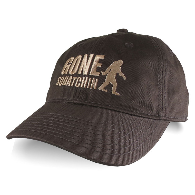 Gone Squatchin Humorous Sasquatch Bigfoot Silhouette Beige Embroidery on an Adjustable Brown Unstructured Baseball Cap