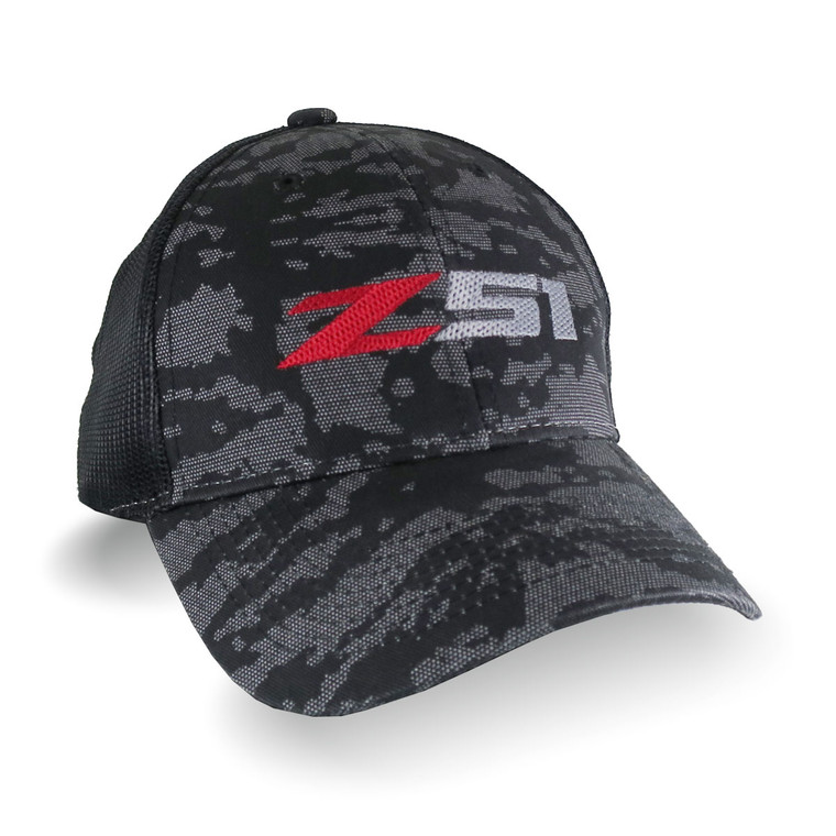 Automotive Z51 Corvette Embroidery on Adjustable Structured Trucker Mesh Cap in Black Urban Camo