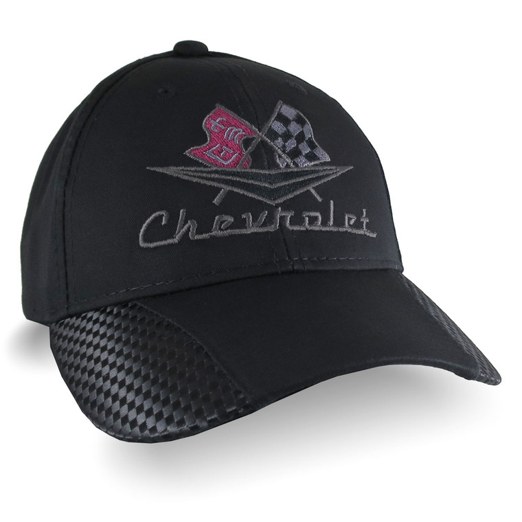 Vintage Chevrolet Embroidery on an Adjustable Structured Fashion Ball Cap in Black Faux Carbon Fiber Trimmed Cap Personalization Options