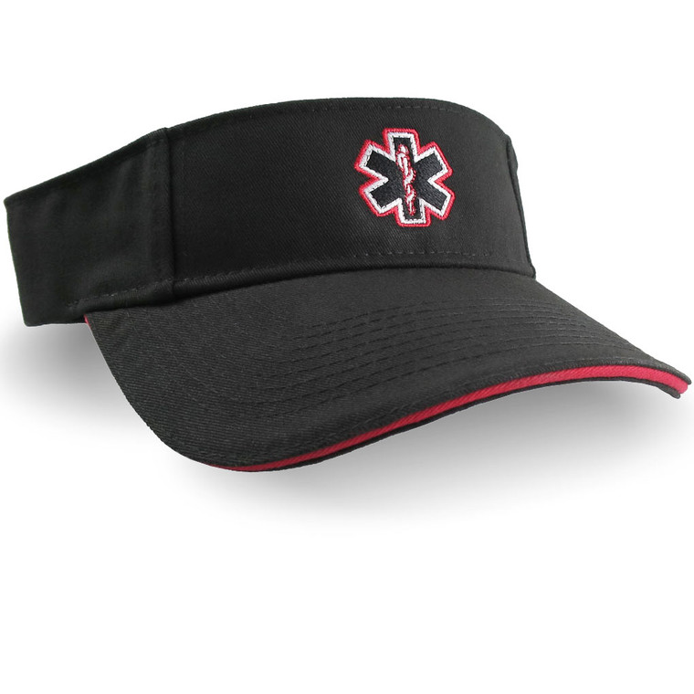 Paramedic Red Star of Life Caduceus EMT EMS Embroidery on an Adjustable Black Brushed Cotton Visor Summer Hat Trimmed in Red
