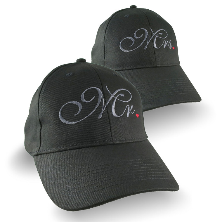 Mr. and Mrs. Duo Newlyweds Husband Wife His Hers Embroidery on 2 Adjustable Structured Black Baseball Caps Option to Personalize the Back