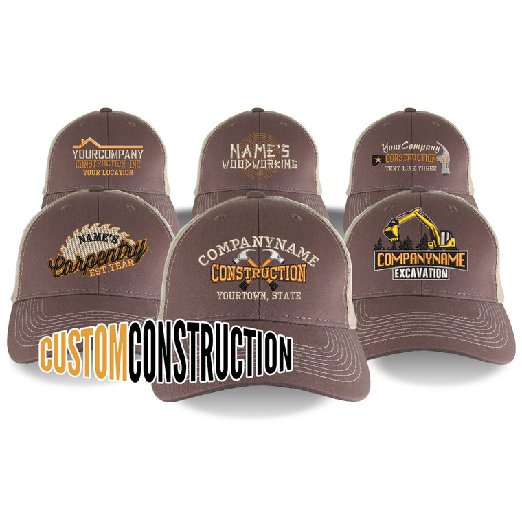Personalized Custom Construction Renovation Contractor Carpenter Builder Embroidery on Adjustable Brown and Tan Structured Mesh Trucker Cap