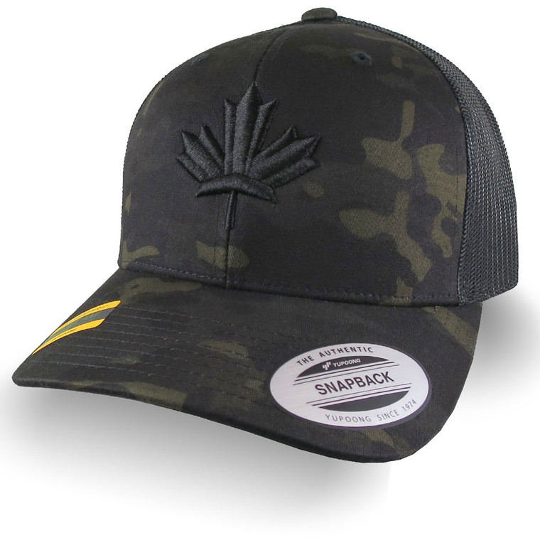 3D Puff Black Maple Leaf Raised Embroidery on an Adjustable Black Multicam Structured Premium Mid-Profile Yupoong Trucker Mesh Cap