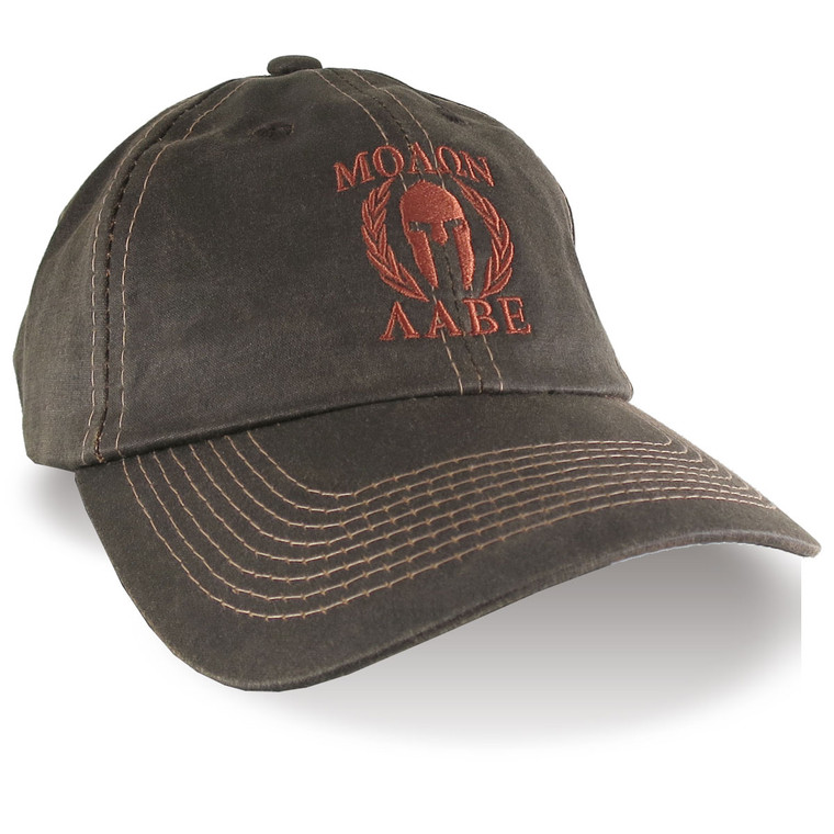 Custom Molon Labe Spartan Warrior Mask Copper Embroidery on an Adjustable Unstructured Brown Low-Profile Baseball Cap Dad Hat Style