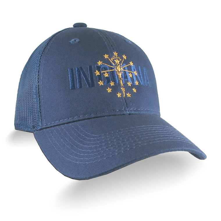 Indiana State Flag Embroidery on an Adjustable Navy Blue Structured Classic Trucker Mesh Cap