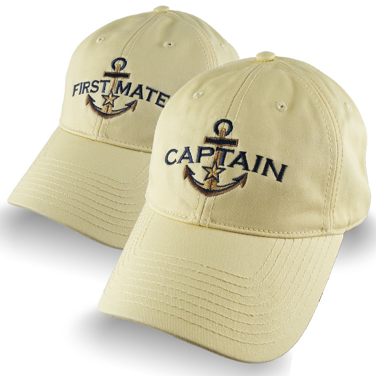 Nautical Golden Star Anchor Captain and First Mate Embroidery 2 Adjustable Retro Yellow Unstructured Caps with Options to Personalize 2 Hats