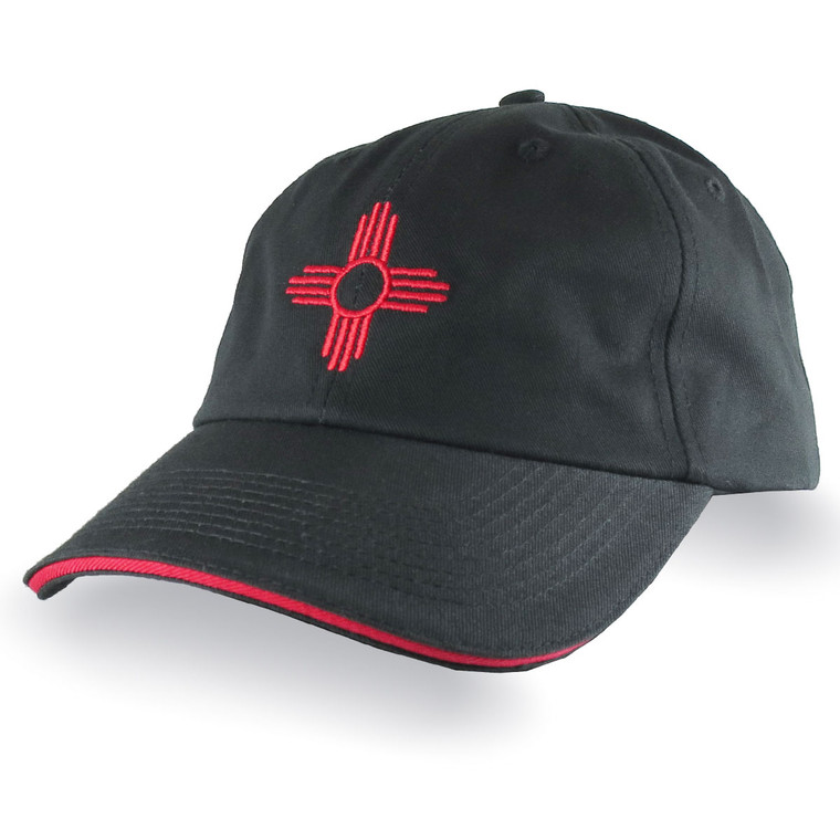 New Mexico Zia Symbol Red Embroidery on an Adjustable Black Unstructured Dad Hat Style Baseball Cap with Personalization Options