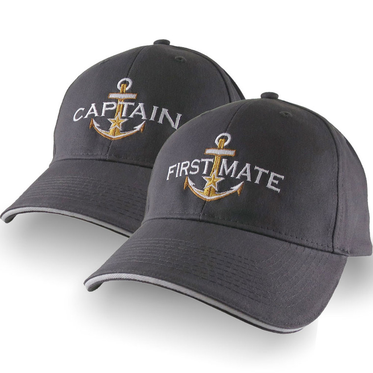 Personalized Captain and First Mate Star Anchor Embroidery Duo Adjustable Charcoal Structured Baseball Caps Options to Personalize Side Back