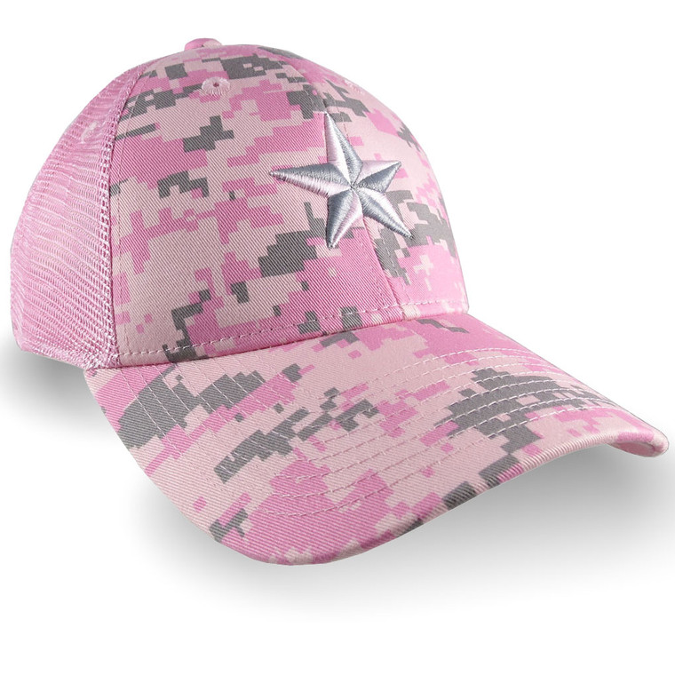 3D Puff Embroidery Silver and Pink Star on a Pink Digital Camouflage Structured Adjustable Classic Trucker Style Baseball Cap