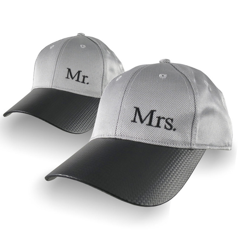 Mr. and Mrs. Duo Newlyweds Husband Wife His Hers Couple Embroidery on 2 Adjustable Soft Structured Silver Baseball Caps + Personalize Option