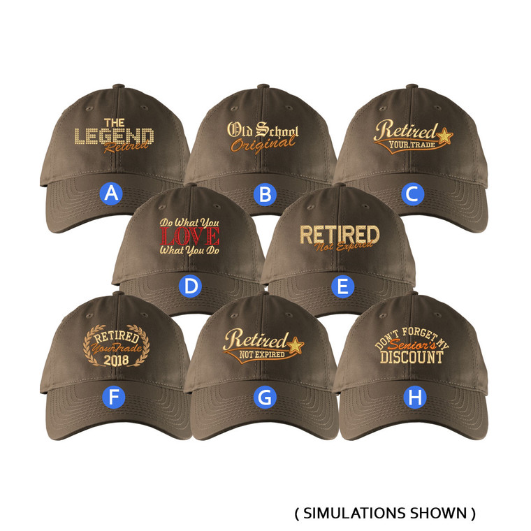 Custom Retirement Embroidery Design Brown Unstructured Classic Adjustable Baseball Cap Selection of 8 Designs Some Personalized + Options