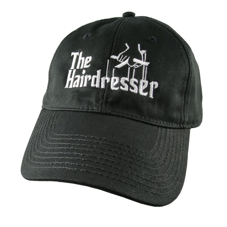 The Hairdresser Godfather Parody Style White Embroidery Design on an Adjustable Unstructured Black Baseball Cap