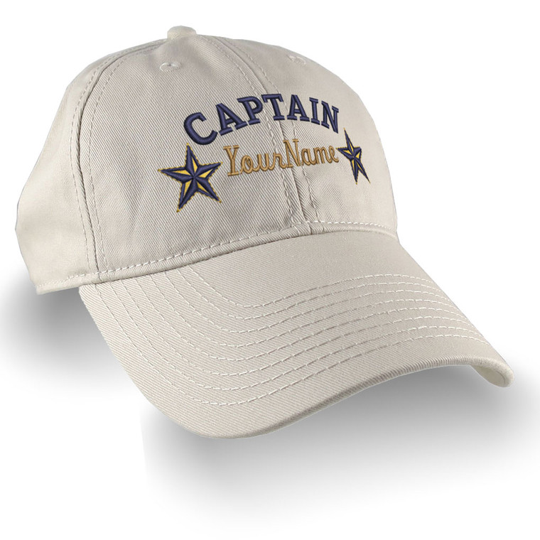 Personalized Captain Stars Your Name Embroidery on Adjustable Stone Beige Unstructured Mid Profile Cap with Option to Personalize the Back