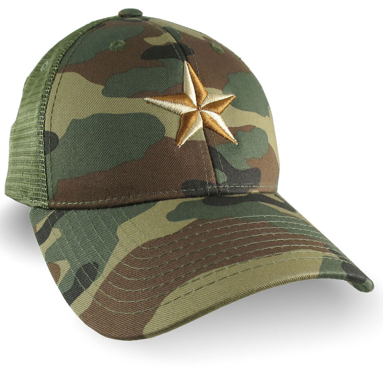 3D Puff Embroidery Golden Beige and Copper Star on a Woodland Khaki Camouflage Structured Adjustable Classic Trucker Style Baseball Cap