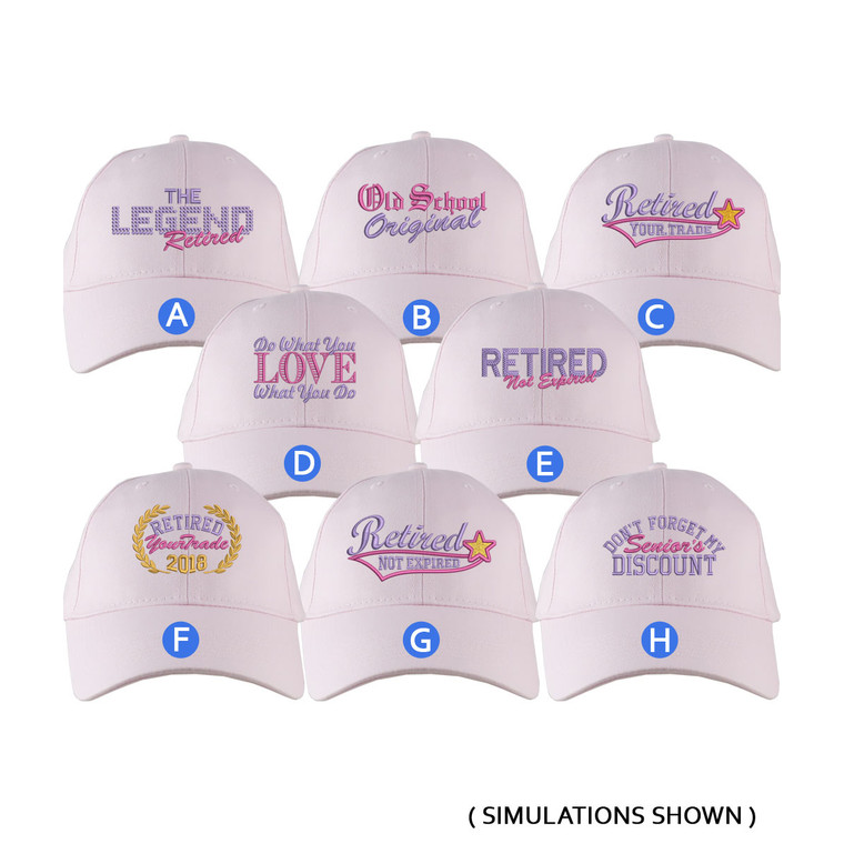 Custom Retirement Embroidery Design on a Pink Structured Classic Adjustable Baseball Cap Selection of 8 Designs Some Personalized + Options