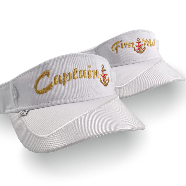 Captain and First Mate Nautical Star Anchor Embroidery Couple White Visors Duo Adjustable Elegant Fashion Sun Hats