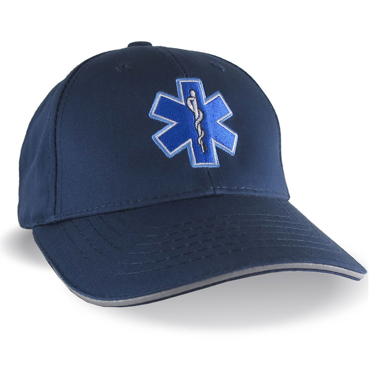 Paramedic EMT EMS Star of Life Embroidery Reflective Trim Navy Blue Structured Adjustable Baseball Cap with Personalization Options