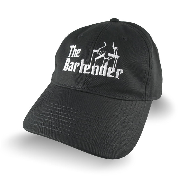 The Bartender Godfather Parody Style White Embroidery Design on an Adjustable Unstructured Black Baseball Cap