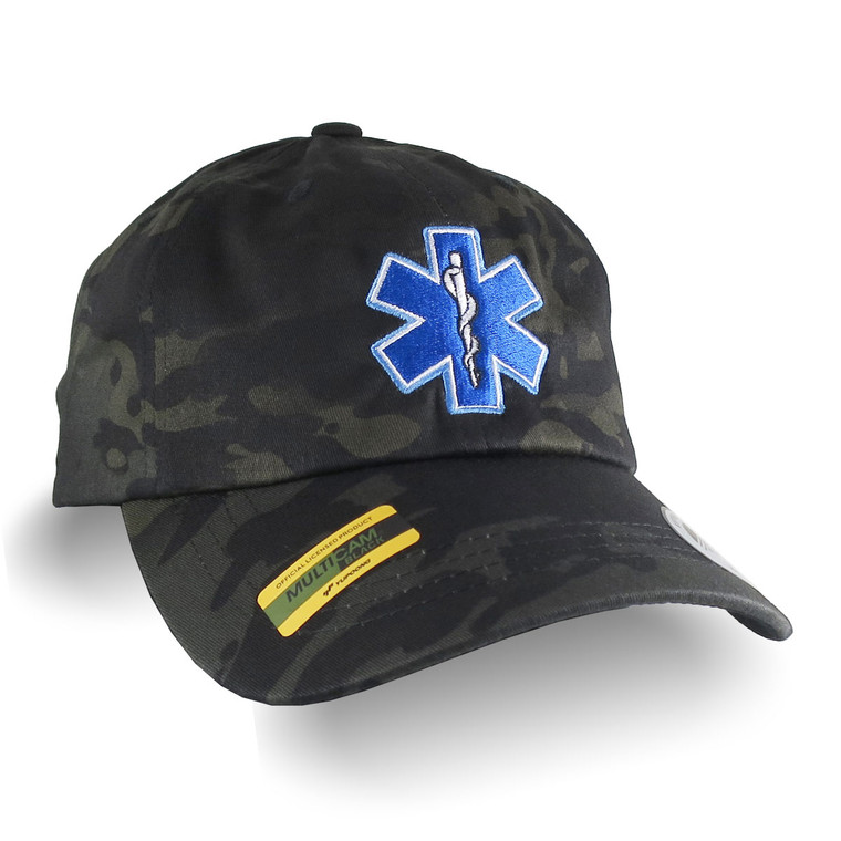 Paramedic Star of Life Caduceus Embroidery on Adjustable Unstructured Multicam Black Dad Hat Style Baseball Cap with Personalization Options