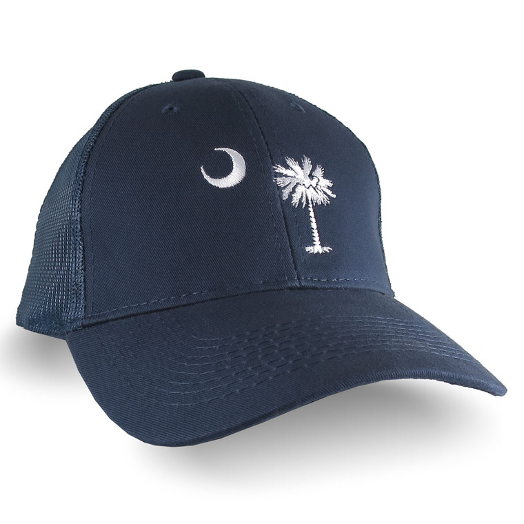 South Carolina State Flag Embroidery on an Adjustable Navy Blue Structured Full Fit Classic Trucker Mesh Cap