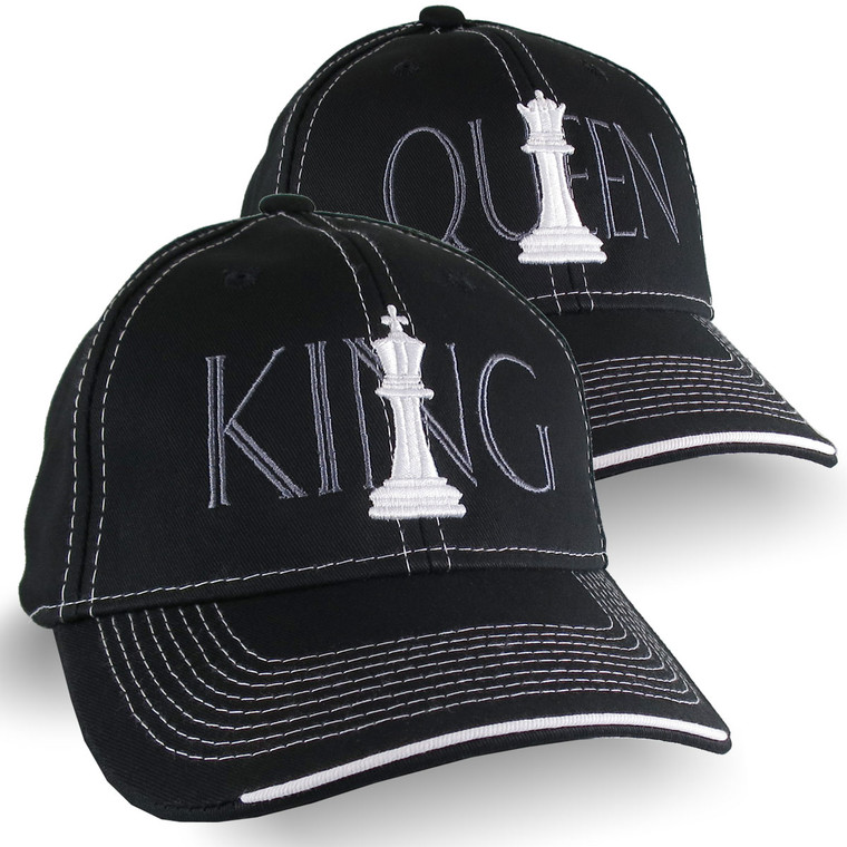 3D Puff Embroidery White Chess King and Queen on 2 Black and White Structured Adjustable Classic Style Caps