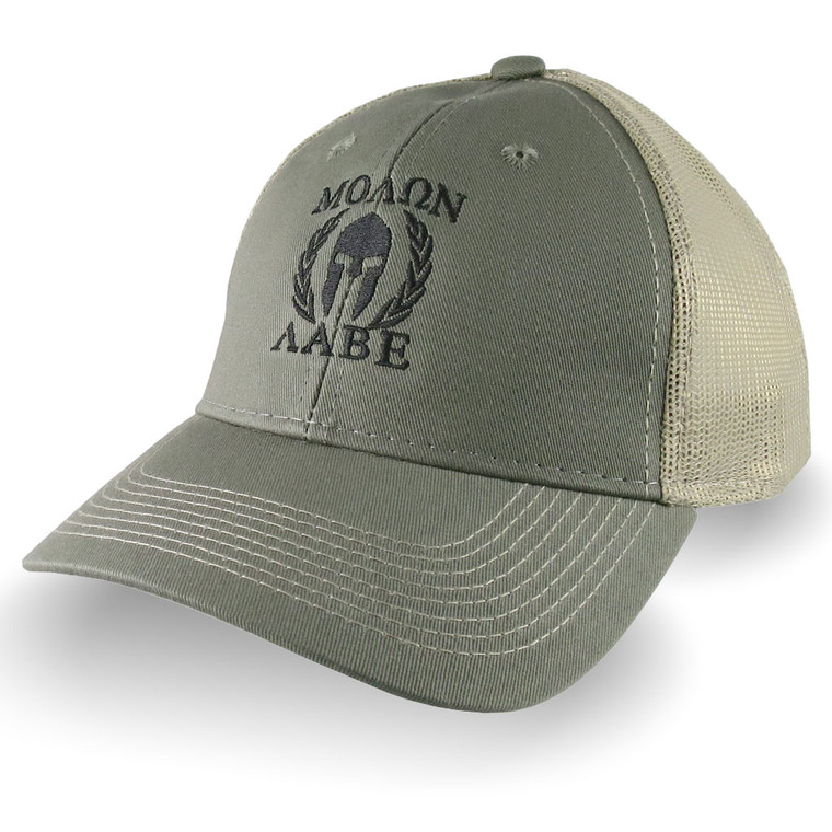 Molon Labe Roman Spartan Warrior Mask in Laurels Black Embroidery on an Adjustable Olive Green Structured Trucker Style Snapback Ball Cap