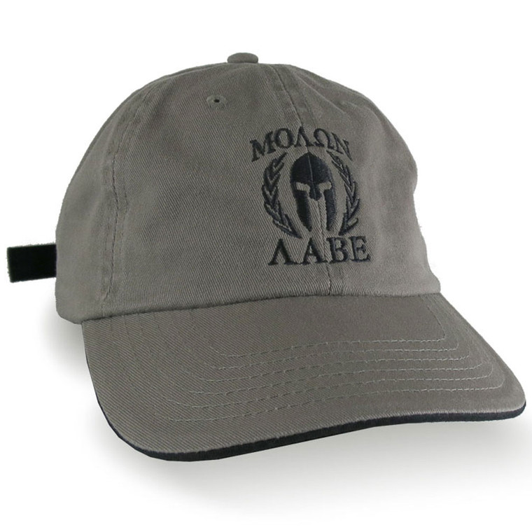 Molon Labe Spartan Warrior Mask Laurels Black Embroidery on an Adjustable Khaki Green Unstructured Ball Cap Dad Hat Personalization Options