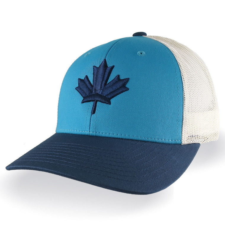 Canadian Blue Maple Leaf 3D Puff Embroidery Canada Flag on an Adjustable Blue and Beige Structured Trucker Style Snapback Mesh Ball Cap