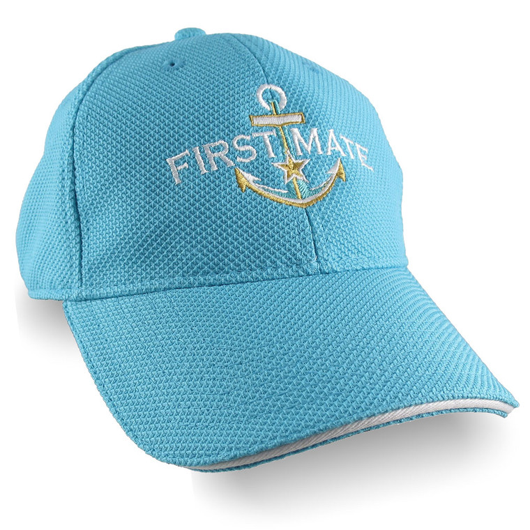 Nautical Star Golden Anchor First Mate White Embroidery on an Adjustable Aqua Blue Turquoise Structured Fashion Baseball Cap For Her For Mom