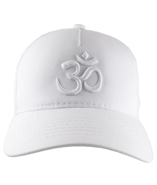 Yoga Om Symbol 3D Puff White Embroidery on an Adjustable White Structured Trucker Style Snap-back Ponytail Baseball Cap