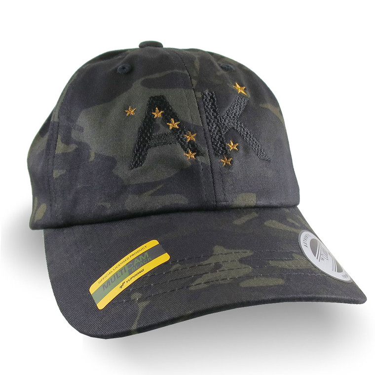 Alaska Flag AK Northern Stars Embroidery on Adjustable Black Multicam Unstructured Premium Yupoong Ball Cap + Options to Personalize