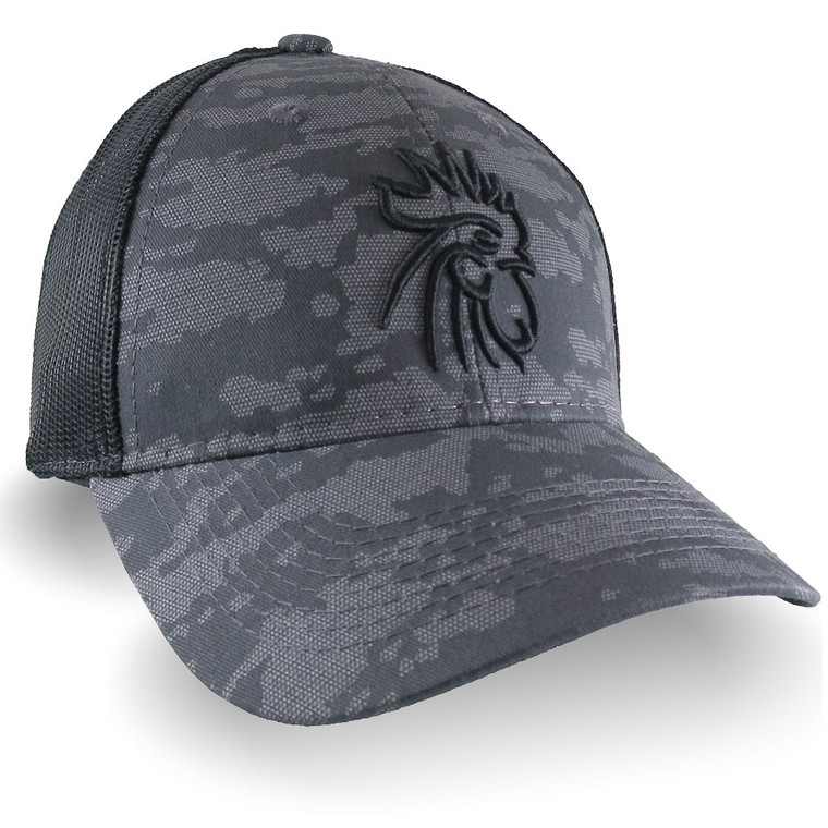 Rooster Head Black 3D Puff Raised Embroidery on an Adjustable Grey Urban Camo and Black Structured Truckers Style Snapback Ball Cap